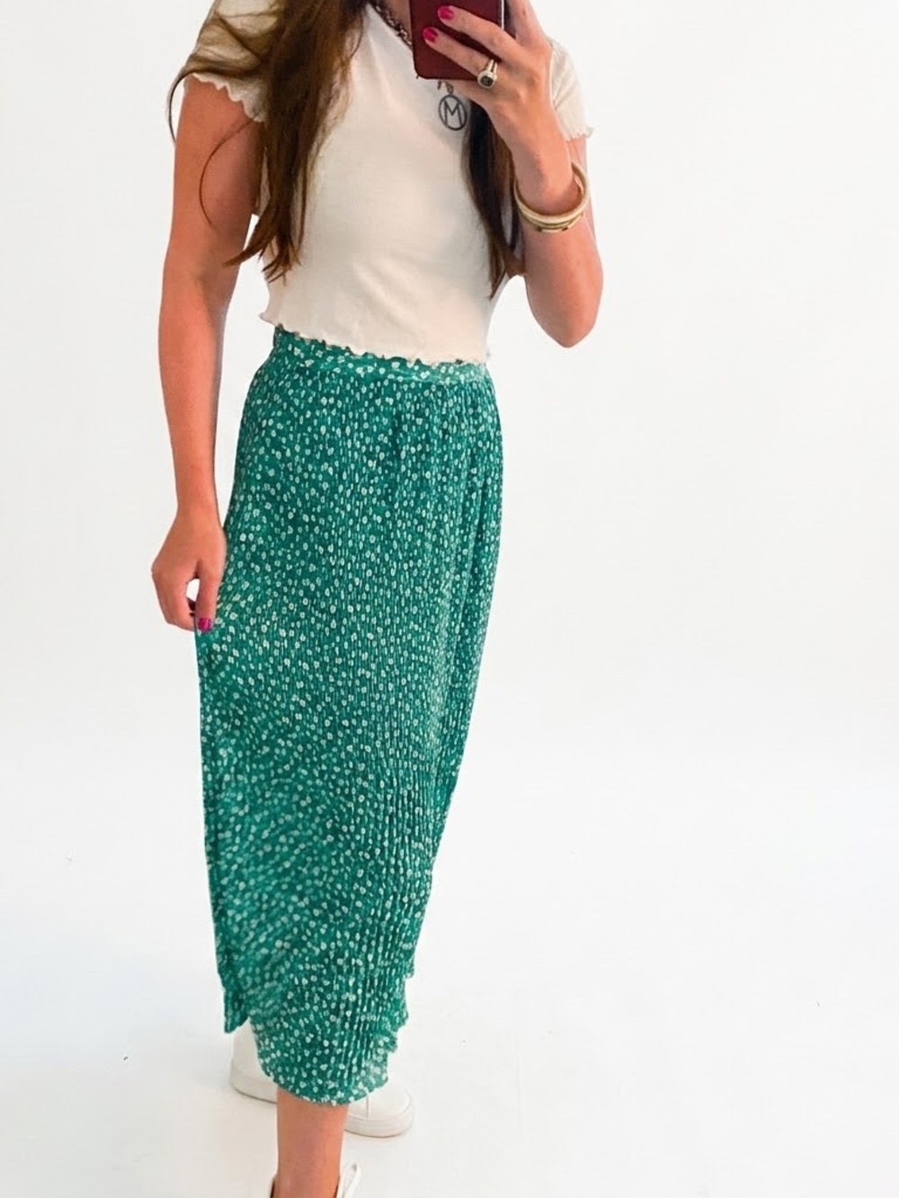 Zara Green Floral Pleated Midi Skirt Size M Flowy Lightweight
